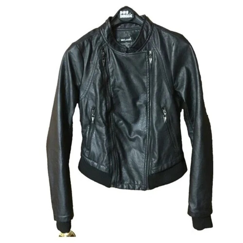 Wet Seal Womans Faux Leather Jacket Black Double Zippered Front Size-M